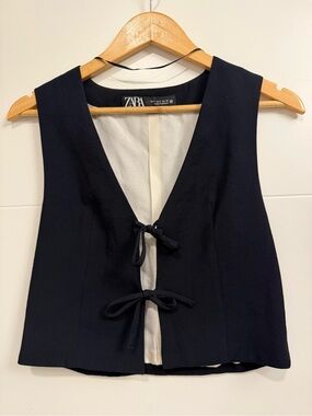 NWOT Zara Tailed Sleeveless Vest with Front Ties - Navy Blue